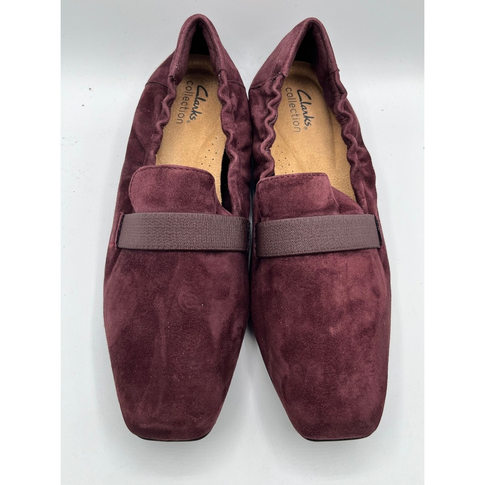Clarks Pure Tone Burgundy Suede Square Toe Loafers Women Sz 9W Wide 261677925065 - Picture 9 of 9
